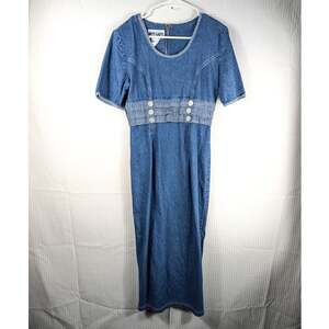 Miss Daisy 6 Made in USA Denim Dress Blue Button Waist 80s Vintage Cotton Midi